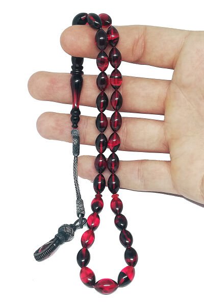 1000 Ayar Gümüş Trabzon Kazaziye Ateşi Kehribar Tesbih Kırmızı Siyah 7*11 mm Beyzi Kesim Tespih Renk Alma Garantili