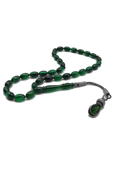 1000 Ayar Gümüş Trabzon Kazaziye Ateşi Kehribar Tesbih Yeşil Siyah 7*11 mm Beyzi Kesim Tespih Renk Alma Garantili Ahşap Hediye Kutulu