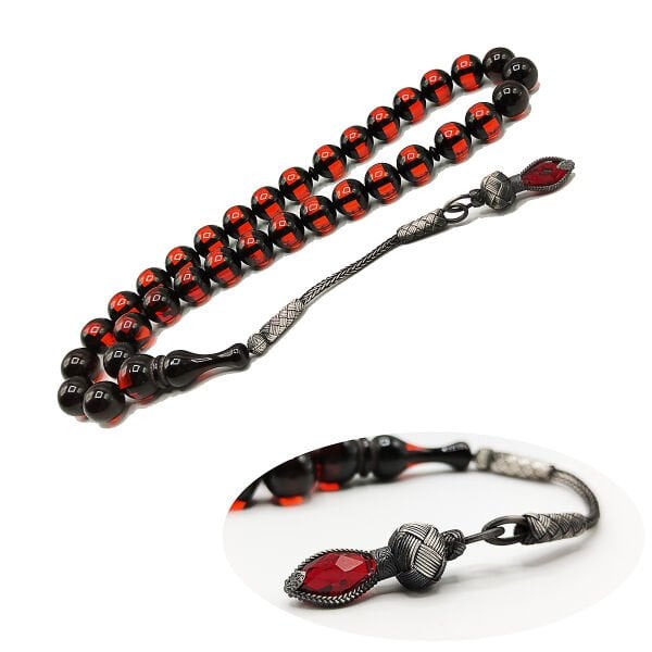 1000 Ayar Gümüş Trabzon Kazaziye Kırmızı Sürmeli Toz Kehribar Tesbih 10*10 mm Küre Kesim Tespih