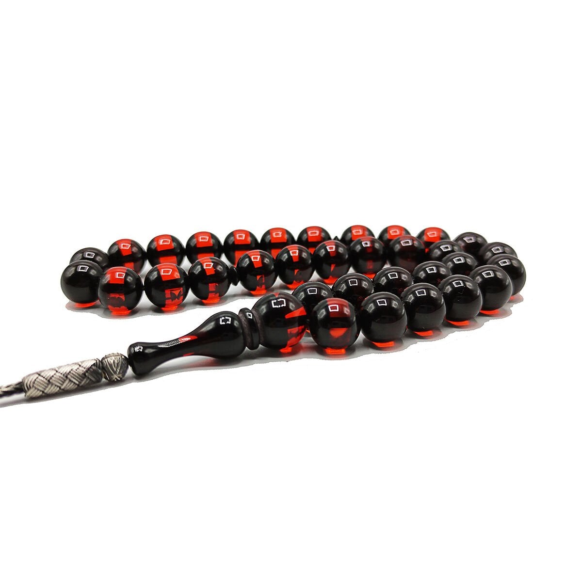 1000 Ayar Gümüş Trabzon Kazaziye Kırmızı Sürmeli Toz Kehribar Tesbih 10*10 mm Küre Kesim Tespih