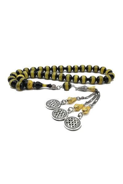 10 mm Küre Kesim Sarı Hareli Sıkma Sürmeli Toz Kehribar Tesbih Halep Püsküllü Tespih