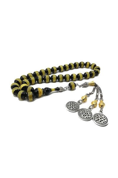 10 mm Küre Kesim Sarı Hareli Sıkma Sürmeli Toz Kehribar Tesbih Halep Püsküllü Tespih