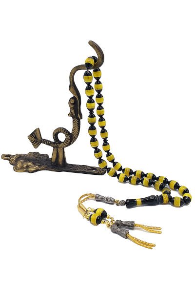 Sarı Siyah Sürmeli Toz Kehribar 7,5*11 mm Beyzi Kesim Tesbih 24 Ayar Altın Kaplama Süpürgeli Püsküllü Tespih