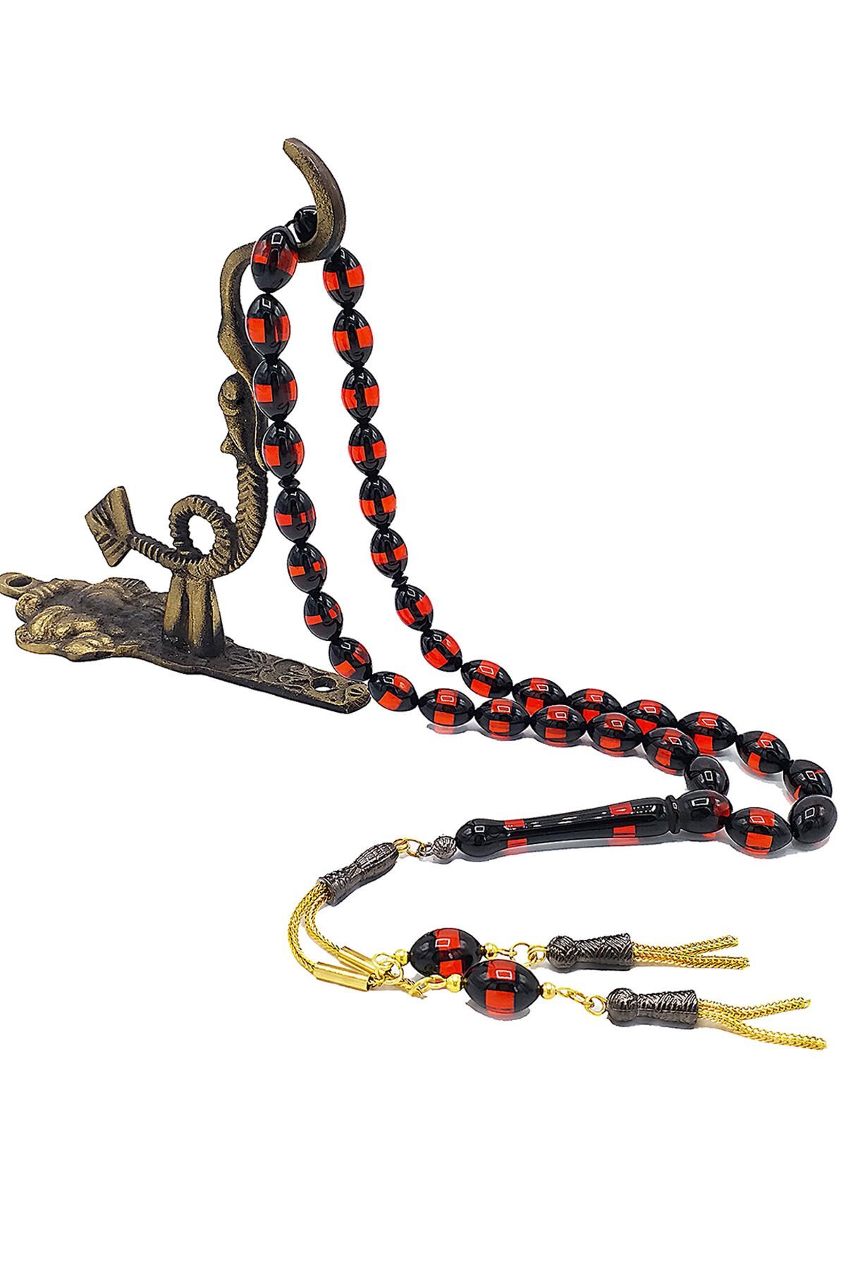 Kırmızı Siyah Sürmeli Toz Kehribar 9*13 mm Büyük Boy Beyzi Kesim Tesbih 24 Ayar Altın Kaplama Süpürgeli Püsküllü Tespih