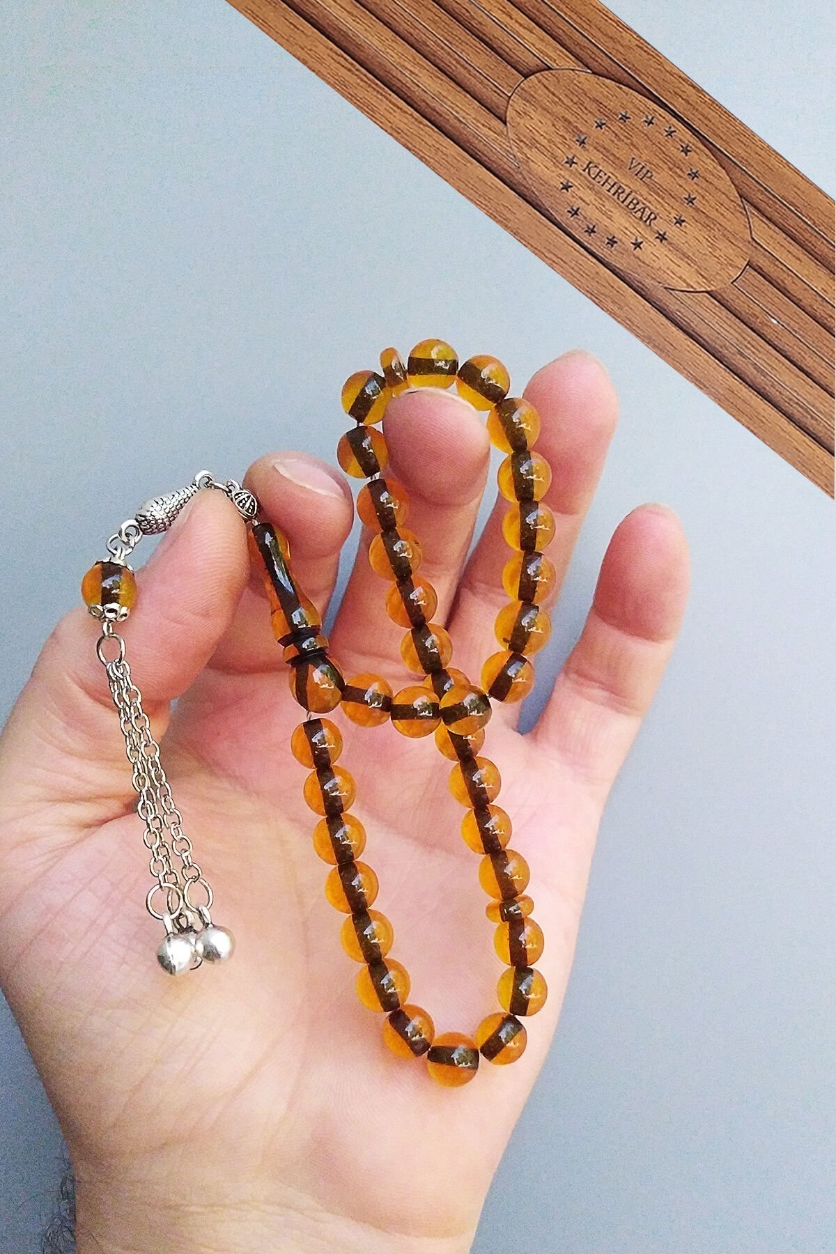 Babalar Gününe Özel 7 mm Küre Bürokrat Boy Çubuk Sıkma Kehribar Tesbih Altın Rengi Tespih