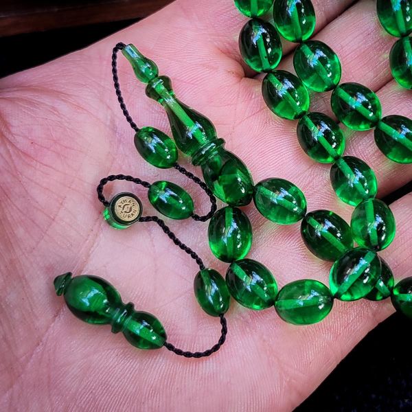 8x11 mm Hassas Delim Yeşil Zar Kehribar Tesbih | Ayhan Turan Usta İmzalı Tespih