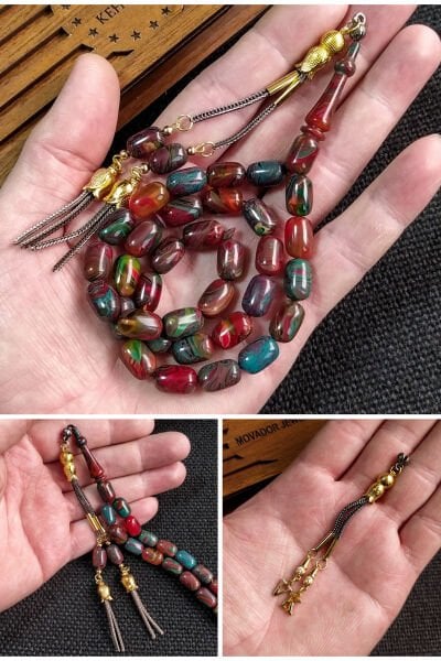 7*11 mm Renk Cümbüşü Ateşi Kehribar Tesbih Kişiselleştirilebilir İsme Özel Tespih Ahşap Kutulu