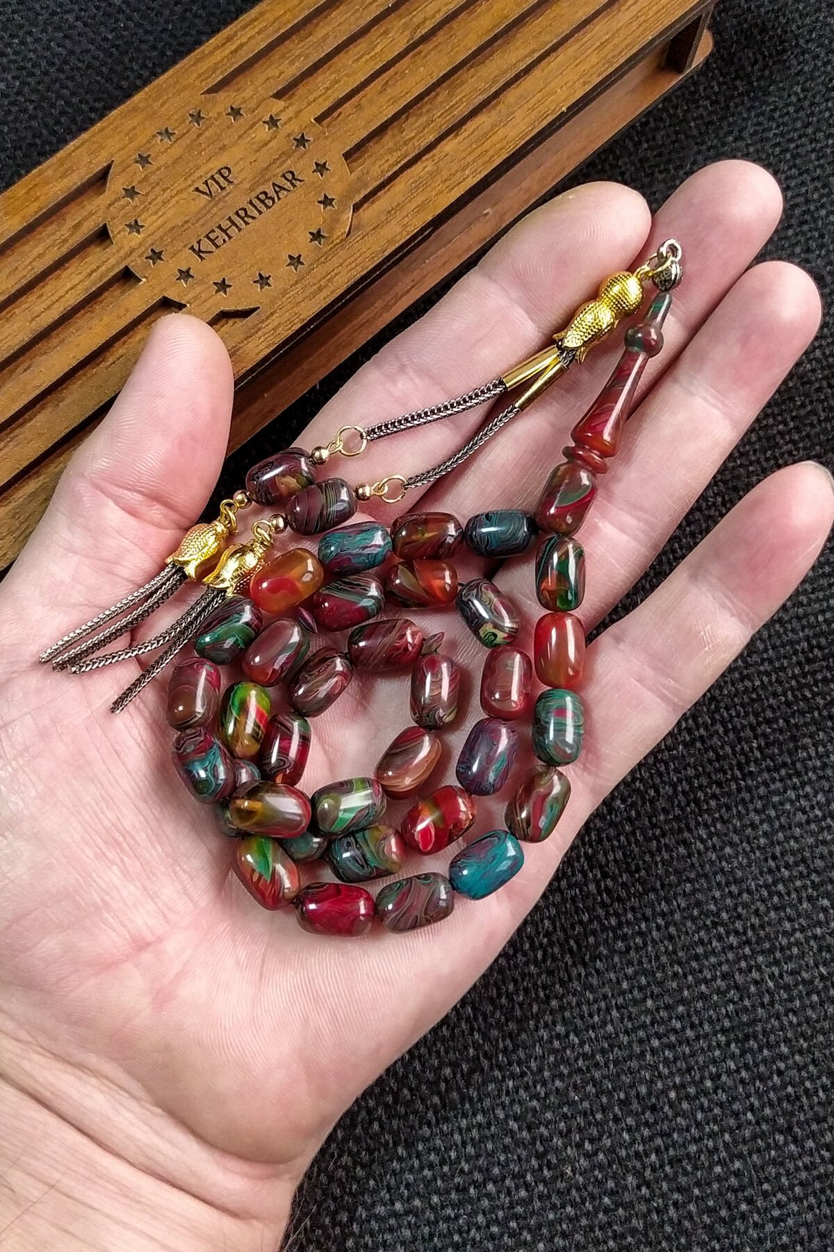 7*11 mm Renk Cümbüşü Ateşi Kehribar Tesbih Kişiselleştirilebilir İsme Özel Tespih Ahşap Kutulu