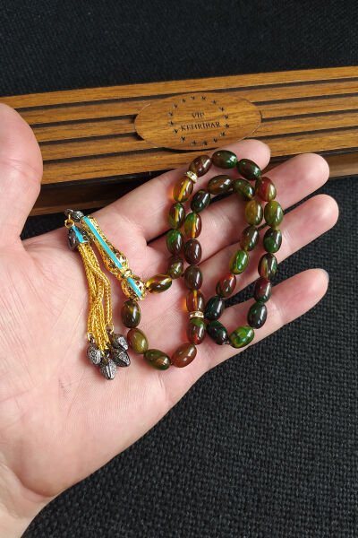 7x11 mm Renk Cümbüşü Ateşi Kehribar Tesbih Telkari İmame Püskül Kombinli Tespih Ahşap Kutulu Mesajlı