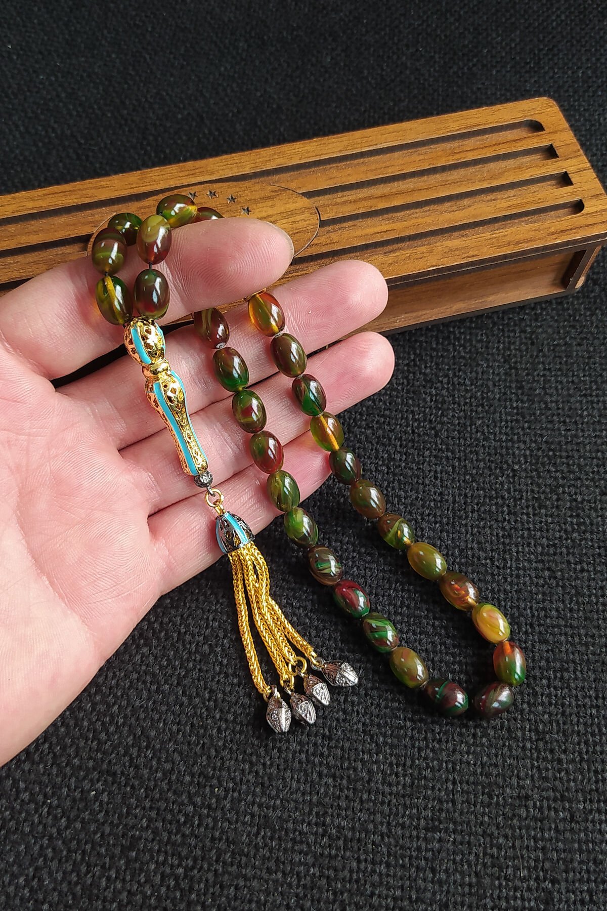 7x11 mm Renk Cümbüşü Ateşi Kehribar Tesbih Telkari İmame Püskül Kombinli Tespih Ahşap Kutulu Mesajlı