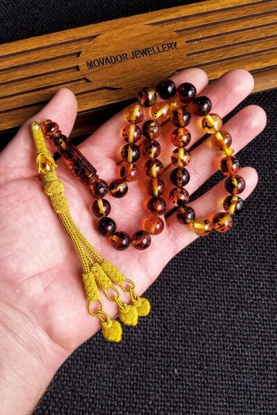 10 mm Çakırbeyli Kazazlı Fosilli Sıkma Kehribar Tesbih, Trabzon Kazaziye tespih