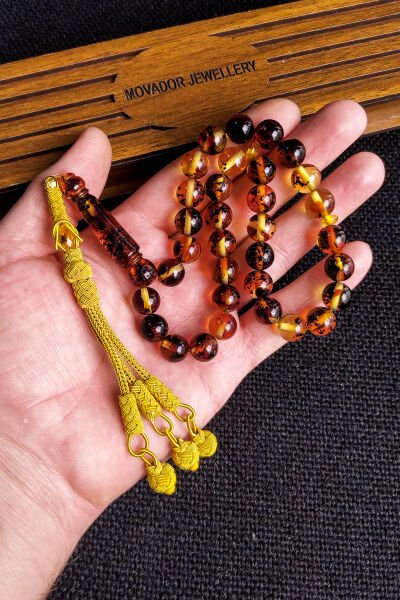 10 mm Çakırbeyli Kazazlı Fosilli Sıkma Kehribar Tesbih, Trabzon Kazaziye tespih