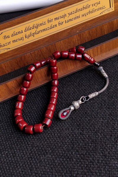 Kişiselleştirilebilir Gümüş Kazazlı Sıkma Kehribar Tesbih, 9 mm Vişne Rengi Çubuk Tespih