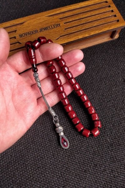Kişiselleştirilebilir Gümüş Kazazlı Sıkma Kehribar Tesbih, 9 mm Vişne Rengi Çubuk Tespih
