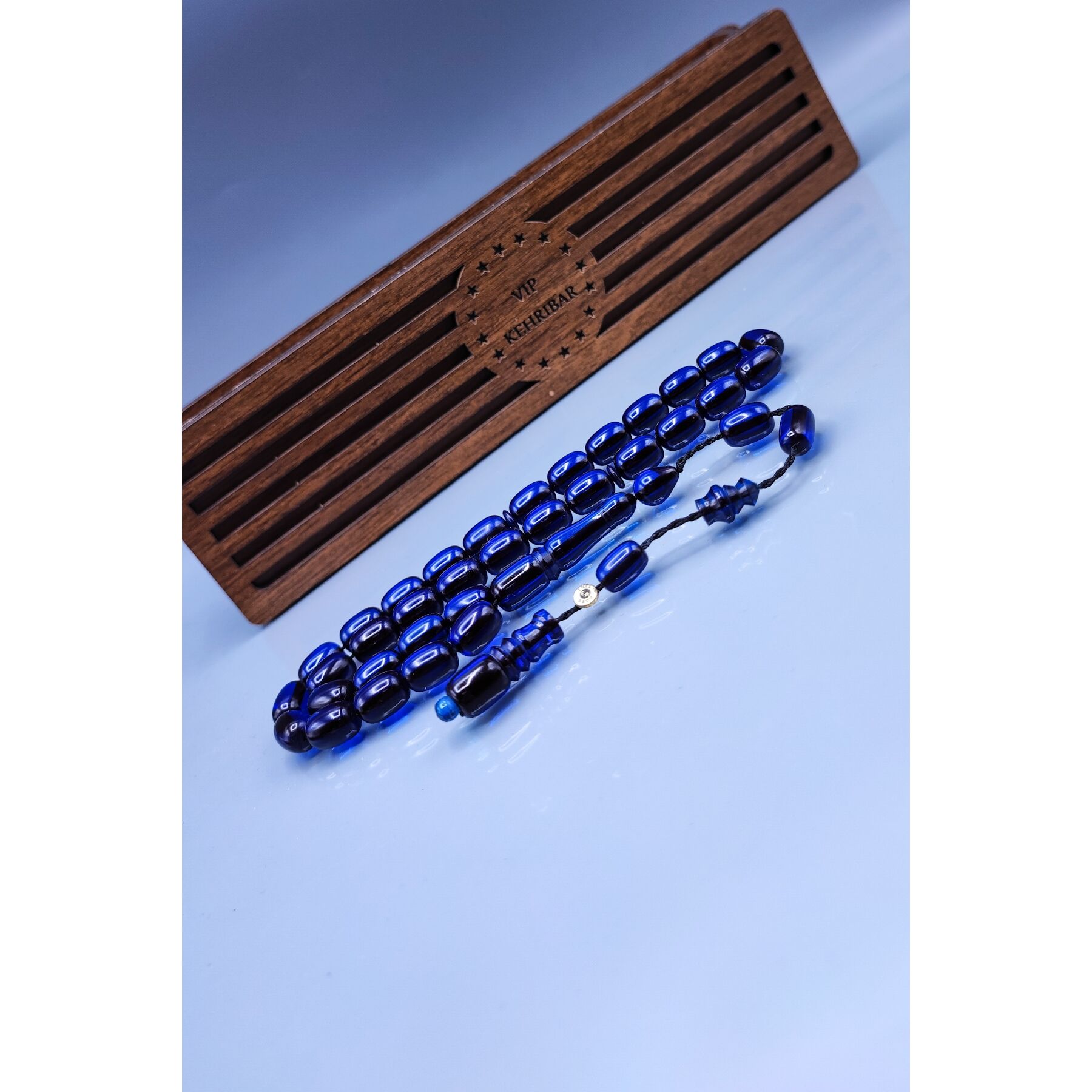8x12 mm Parlement Mavi  Zar Kehribar Tesbih - Enes Abdo Usta İmzalı Tespih