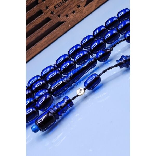 8x12 mm Parlement Mavi  Zar Kehribar Tesbih - Enes Abdo Usta İmzalı Tespih