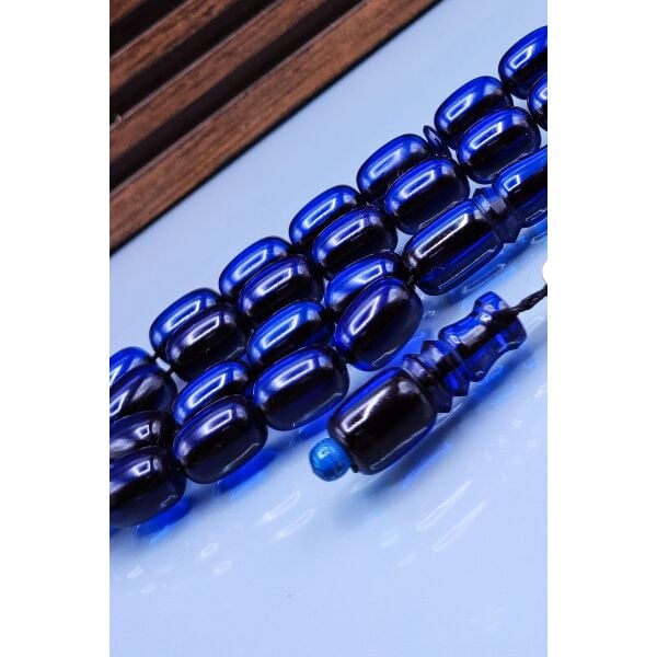 8x12 mm Parlement Mavi  Zar Kehribar Tesbih - Enes Abdo Usta İmzalı Tespih
