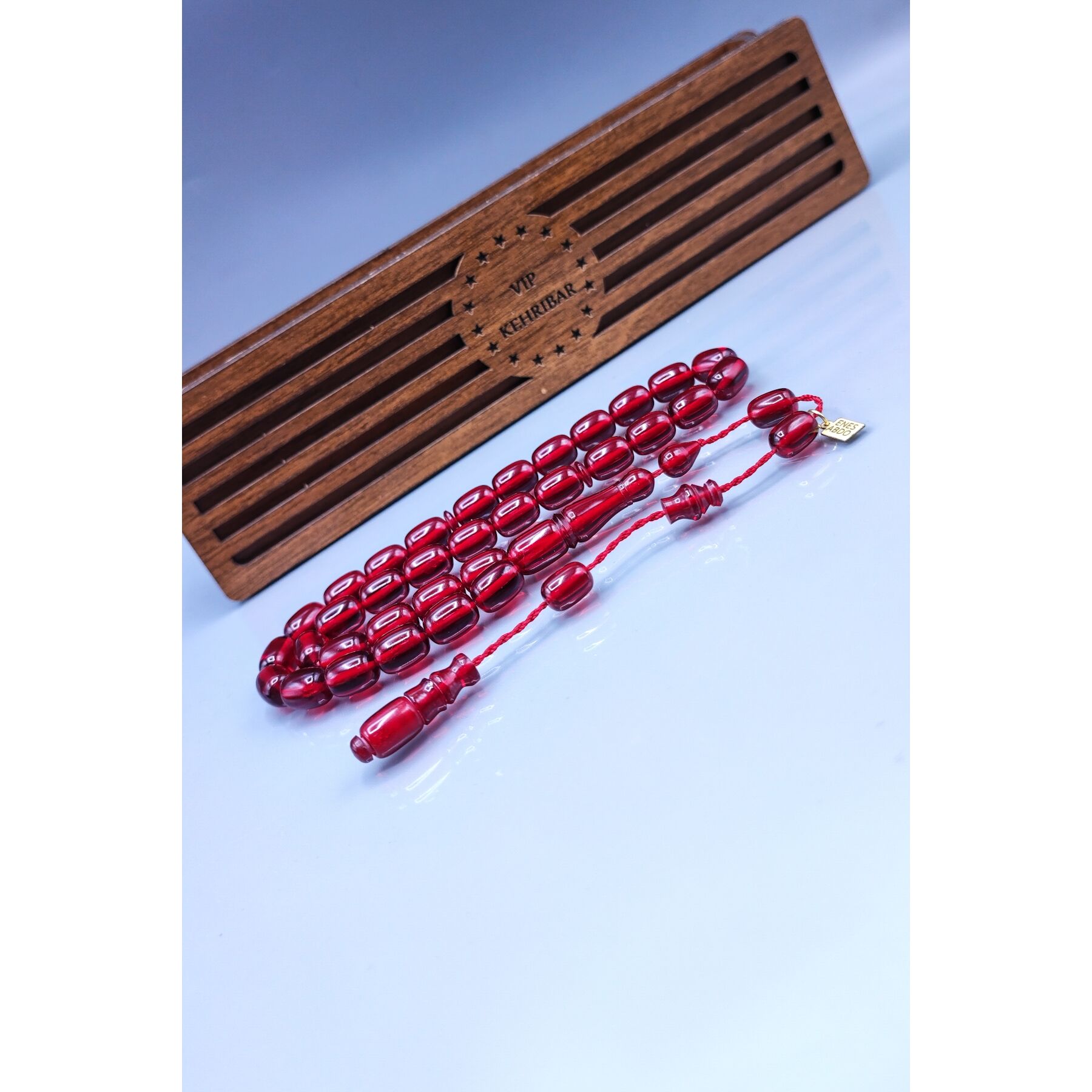 8x12 mm Kırmızı Zar Kehribar Tesbih - Enes Abdo Usta İmzalı Tespih