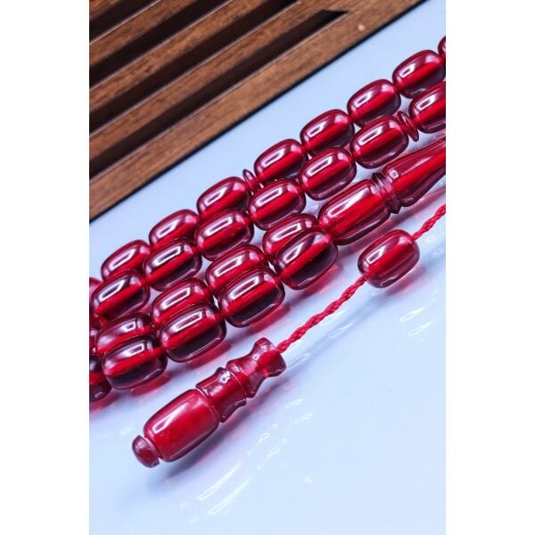 8x12 mm Kırmızı Zar Kehribar Tesbih - Enes Abdo Usta İmzalı Tespih