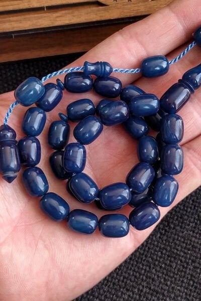 9x12 mm Ebu Sırr İmzalı Mavi Hareli Katalin Tesbih, Kanayan Baga Tespih