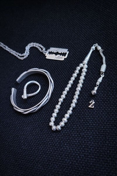 Bakır Tesbih Bileklik Kolye Yüzük Erkek Takı Seti Ayarlanabilir Yüzük Kolye Bileklik Jilet Mınçıka