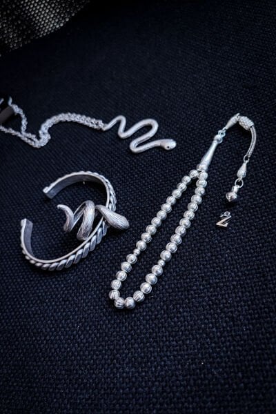 Bakır Tesbih Bileklik Kolye Yüzük Erkek Takı Seti Ayarlanabilir Yüzük Kolye Bileklik Yılan Figürlü