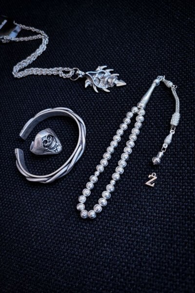 Bakır Tesbih Bileklik Kolye Yüzük Erkek Takı Seti Ayarlanabilir Yüzük Kolye Bileklik İskelet Azazil