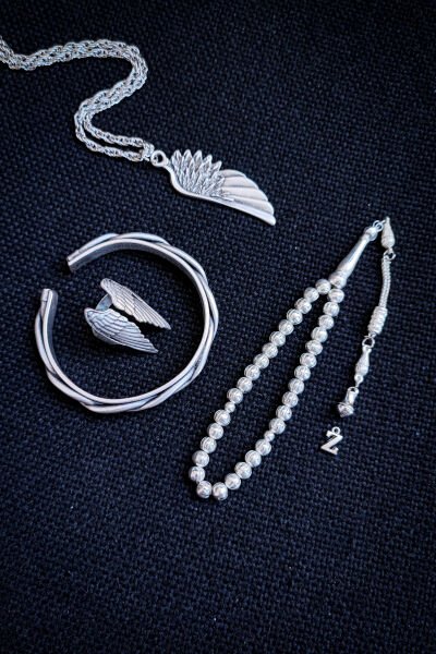 Bakır Tesbih Bileklik Kolye Yüzük Erkek Takı Seti Ayarlanabilir Yüzük Kolye Bileklik Melek Kanat