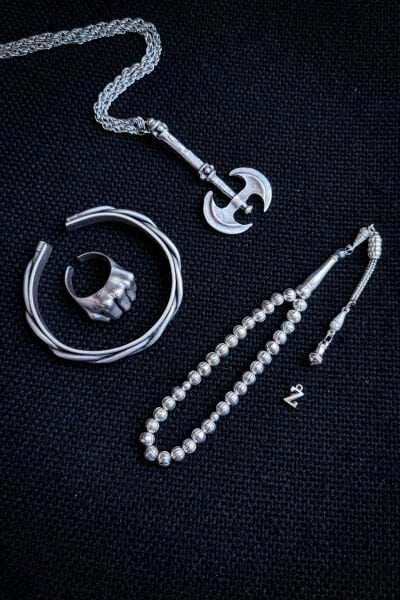 Bakır Tesbih Bileklik Kolye Yüzük Erkek Takı Seti Ayarlanabilir Yüzük Kolye Bileklik Yumruk Güç