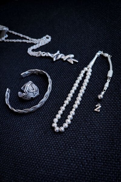 Bakır Tesbih Bileklik Kolye Yüzük Erkek Takı Seti Ayarlanabilir Yüzük Kolye Bileklik Zülfikar Yılan