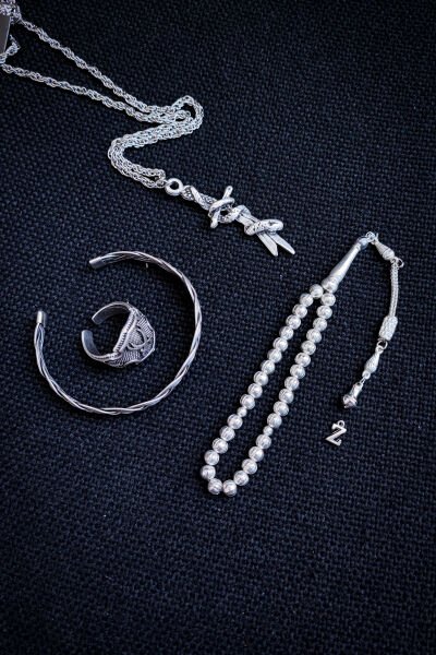 Bakır Tesbih Bileklik Kolye Yüzük Erkek Takı Seti Ayarlanabilir Yüzük Kolye Bileklik Zülfikar Yılan