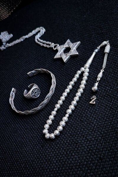 Bakır Tesbih Bileklik Kolye Yüzük Erkek Takı Seti Ayarlanabilir Yüzük Kolye Bileklik Davut Yıldızı