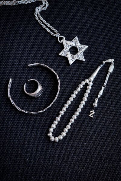 Bakır Tesbih Bileklik Kolye Yüzük Erkek Takı Seti Ayarlanabilir Yüzük Kolye Bileklik Davut Yıldızı