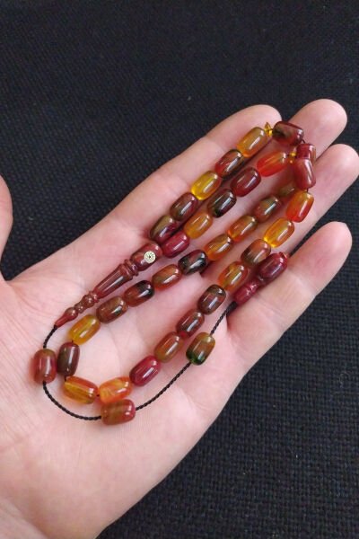 Fares Baydoun Usta İşçilikli Renk Cümbüşü Sıkma Kehribar Tesbih Ahşap Kutulu Püskül Hediyeli Tespih