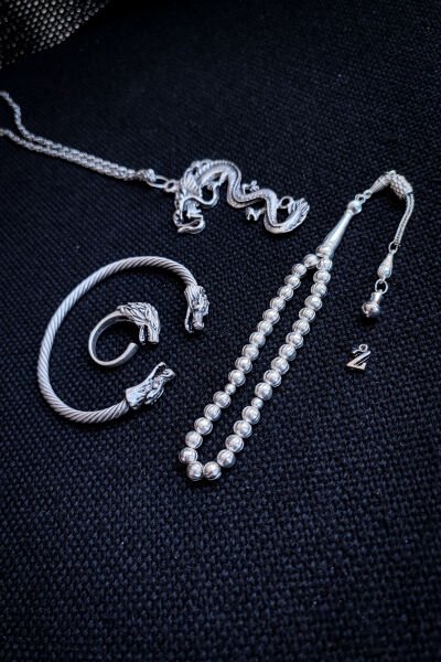 Bakır Tesbih Bileklik Kolye Yüzük Erkek Takı Seti Ayarlanabilir Yüzük Kolye Bileklik Komodo Ejder