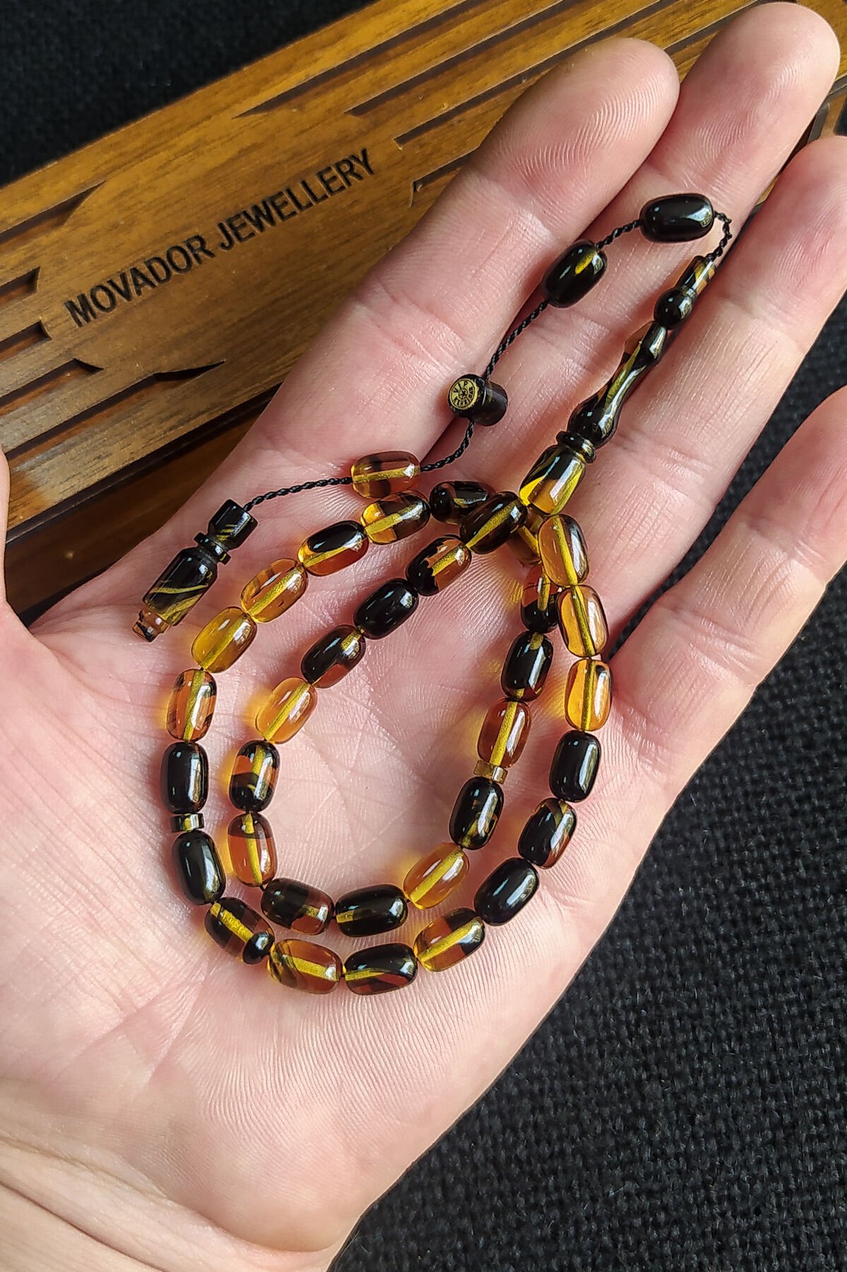 6X9 mm Bürokrat Boy Sarı Siyah Ateşi Kehribar Tesbih Usta İşçilikli Sıkma Kehribar Diyarbakır Model