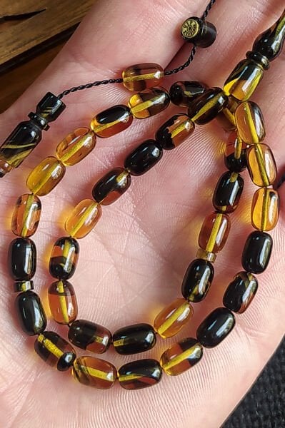 6X9 mm Bürokrat Boy Sarı Siyah Ateşi Kehribar Tesbih Usta İşçilikli Sıkma Kehribar Diyarbakır Model