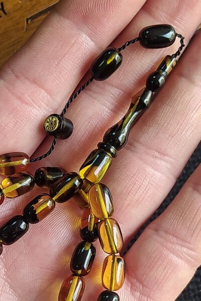 6X9 mm Bürokrat Boy Sarı Siyah Ateşi Kehribar Tesbih Usta İşçilikli Sıkma Kehribar Diyarbakır Model