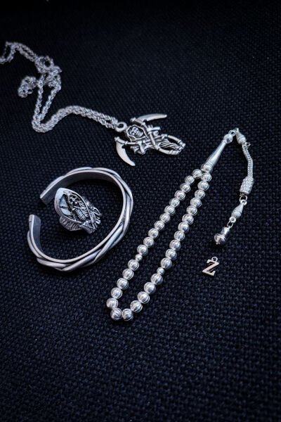 Bakır Tesbih Bileklik Kolye Yüzük Erkek Takı Seti Ayarlanabilir Yüzük Kolye Bileklik Azazil İskelet