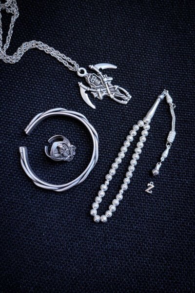 Bakır Tesbih Bileklik Kolye Yüzük Erkek Takı Seti Ayarlanabilir Yüzük Kolye Bileklik Azazil İskelet