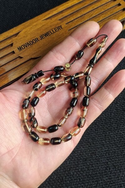 6X9 mm Bürokrat Boy Siyah Beyaz Ateşi Kehribar Tesbih Usta İşçilikli Sıkma Kehribar Diyarbakır Model