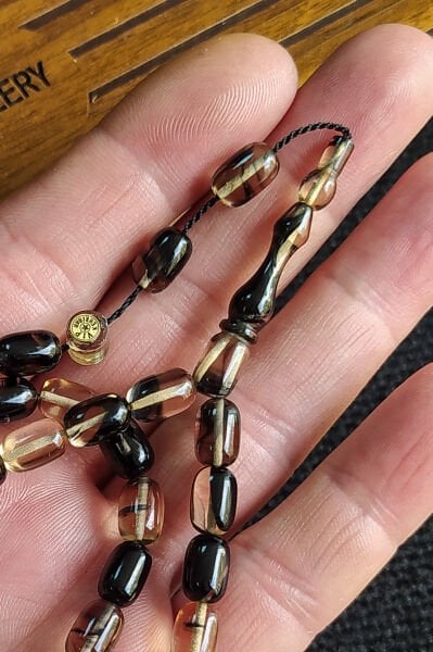 6X9 mm Bürokrat Boy Siyah Beyaz Ateşi Kehribar Tesbih Usta İşçilikli Sıkma Kehribar Diyarbakır Model