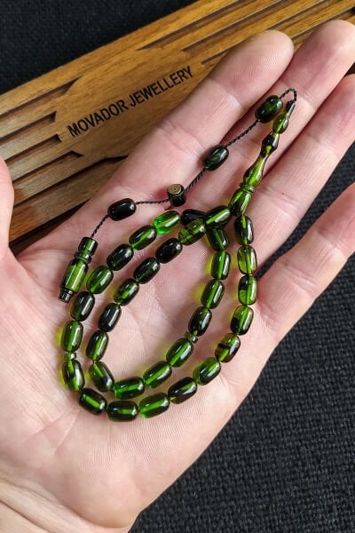 6X9 mm Bürokrat Boy Yeşil Siyah Ateşi Kehribar Tesbih Usta İşçilikli Sıkma Kehribar Diyarbakır Model