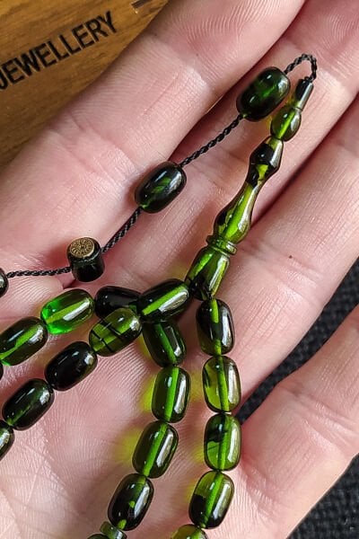 6X9 mm Bürokrat Boy Yeşil Siyah Ateşi Kehribar Tesbih Usta İşçilikli Sıkma Kehribar Diyarbakır Model