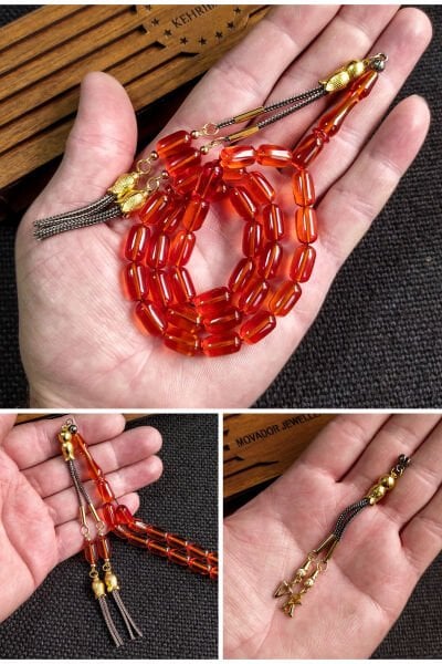 7*11 mm  Ateşi Kehribar Tesbih Kişiselleştirilebilir İsme Özel Sıkma Kehribar Tespih Ahşap Kutulu