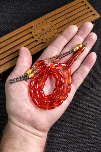 7*11 mm  Ateşi Kehribar Tesbih Kişiselleştirilebilir İsme Özel Sıkma Kehribar Tespih Ahşap Kutulu