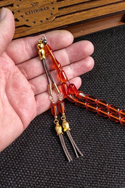 7*11 mm  Ateşi Kehribar Tesbih Kişiselleştirilebilir İsme Özel Sıkma Kehribar Tespih Ahşap Kutulu