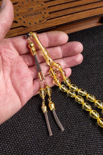 7*11 mm  Ateşi Kehribar Tesbih Kişiselleştirilebilir İsme Özel Sıkma Kehribar Tespih Ahşap Kutulu