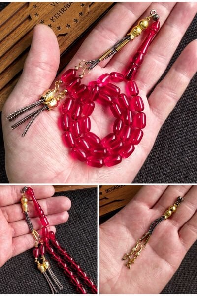 7*11 mm Kırmızı Ateşi Kehribar Tesbih Kişiselleştirilebilir İsme Özel Kehribar Tespih Ahşap Kutulu