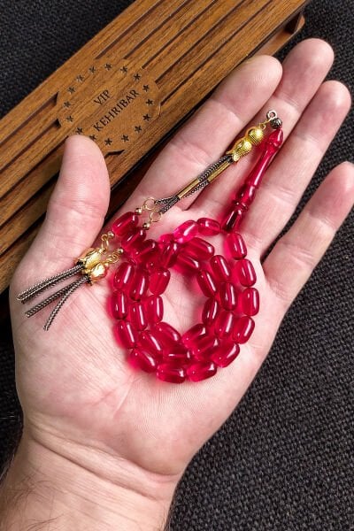 7*11 mm Kırmızı Ateşi Kehribar Tesbih Kişiselleştirilebilir İsme Özel Kehribar Tespih Ahşap Kutulu